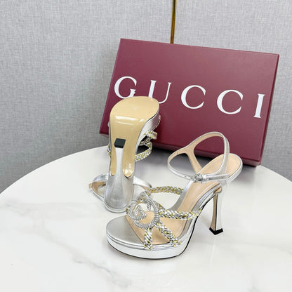 GG 26s Sandals 10.5cm With Crystal Interlocking G Sliver Leather 639955