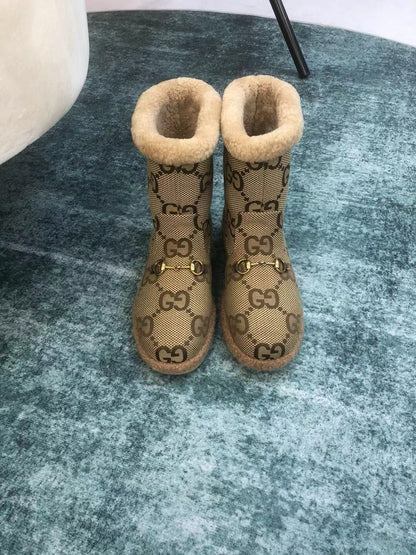 GG Horsebit Snow Boots Dark Beige Woolen Fabric Fleece 576252