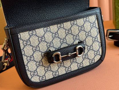 Gucci Horsebit Bag Ebony Blue Black Leather Canvas 244258