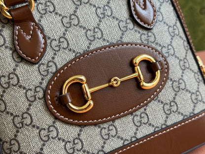 GG Horsebit 1955 Small Top Handle Bag Beige & Black GG Monogram Fabric 272170