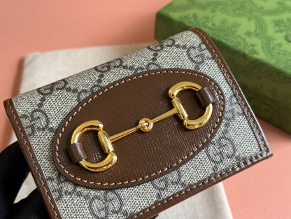 GG Horsebit 1955 Card Case Wallet Brown Beige Canvas Leather