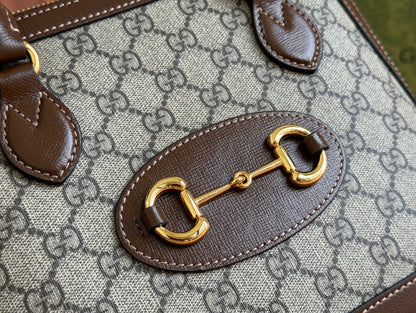 GG Horsebit 1955 Small Top Handle Bag Beige & Dark Brown GG Monogram Fabric 272173