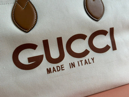 Gucci Medium Tote Bag Brown White Leather Canvas 248187