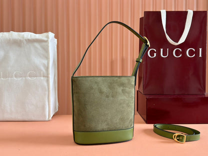 Gucci 73 Mini 20cm Bucket Bag Green Suede Leather 244449