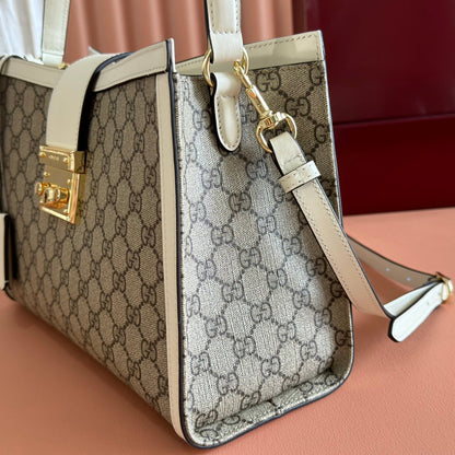 GG Padlock Large Top Handle Bag Beige White Leather Canvas