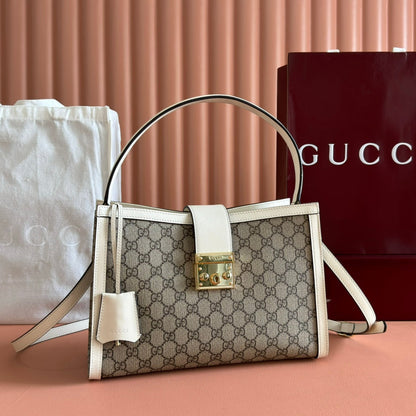 GG Padlock Large Top Handle Bag Beige White Leather Canvas