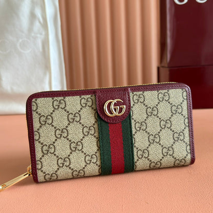 GG Ophidia Zip Around Wallet Burgundy Brown Beige Canvas Leather