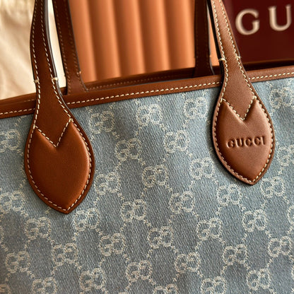 Gucci Totissima Tote Bag Light Blue Denim Canvas & Brown Leather.