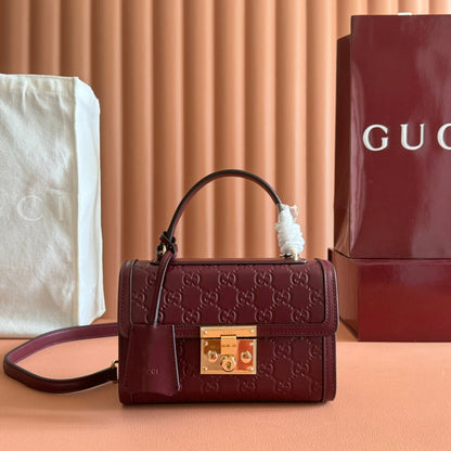 GG Padlock Handbag 20cm Burgundy GG Pattern Leather