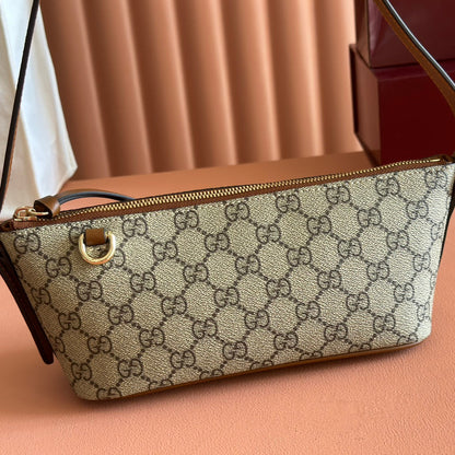 GG Emblem Small Shoulder Bag Beige Dark Brown Canvas