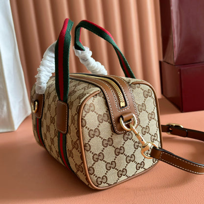 Gucci Boston Bag 20 Brown Beige Denim Leather 285246