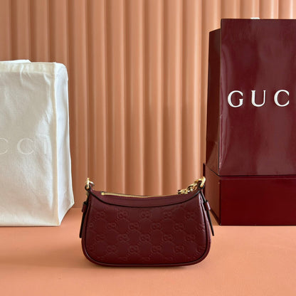 GG Emblem Mini Shoulder Bag Burgundy Embossed Cowhide