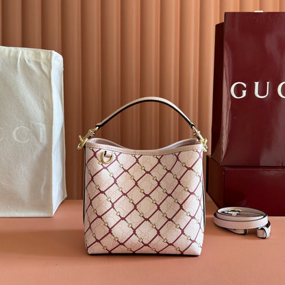 GG Emblem Small Bucket Bag Pink Red GG Fabric