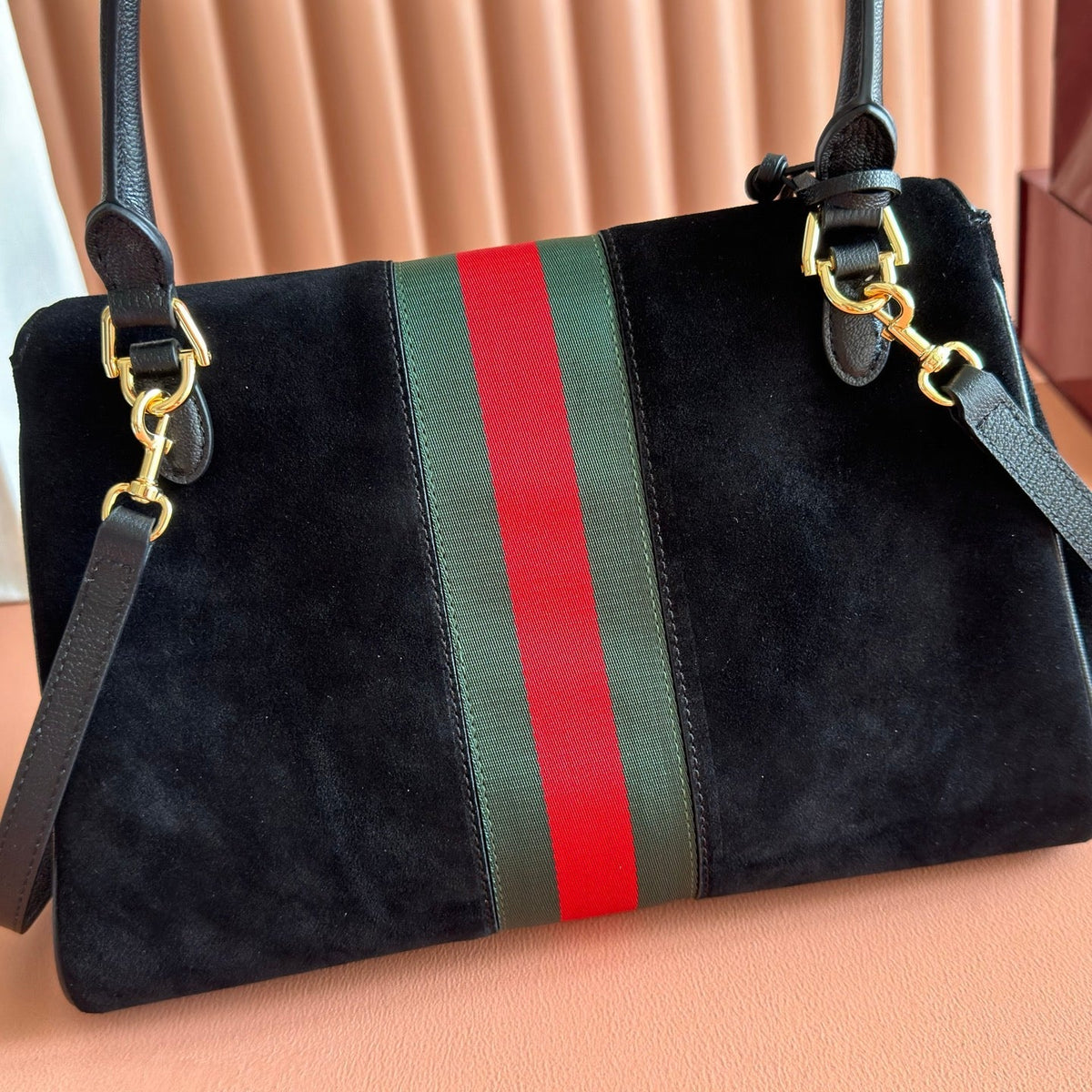GG Paparazzo Medium Top Handle Bag 32cm Black Suede 292574