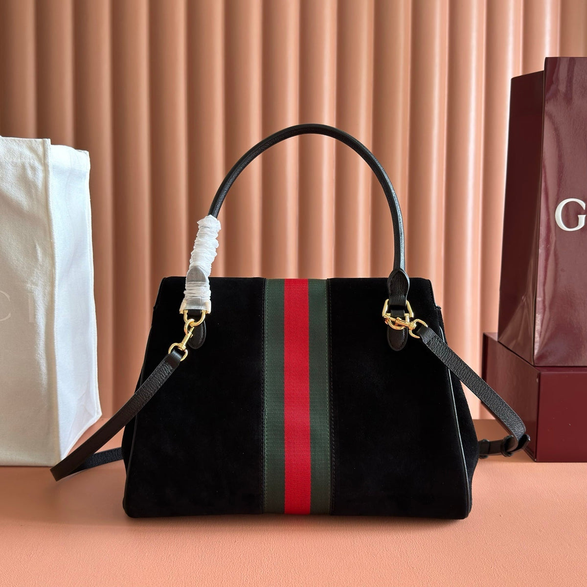 GG Paparazzo Medium Top Handle Bag 32cm Black Suede 292574