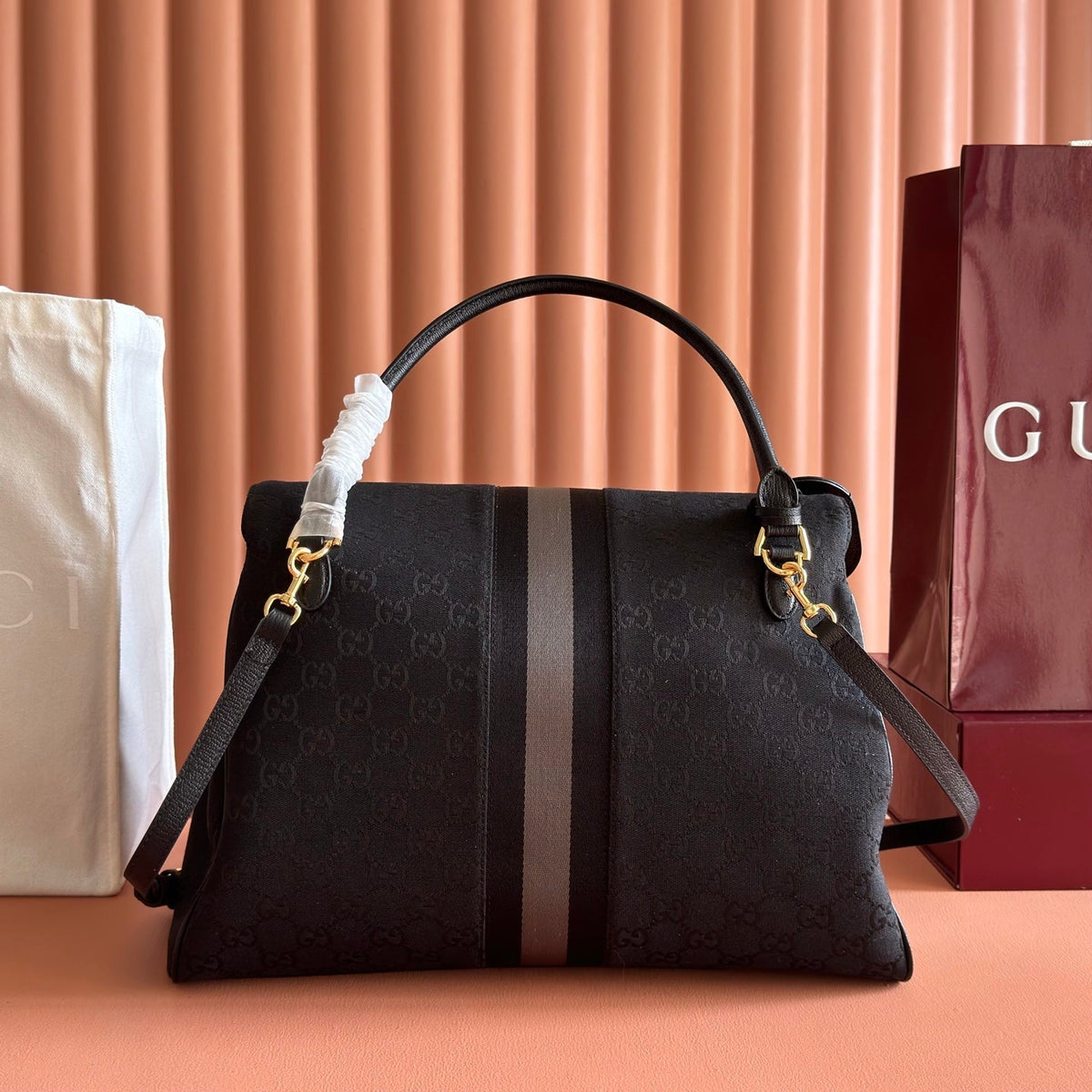 GG Paparazzo Large Top Handle Bag Black Canvas 292656