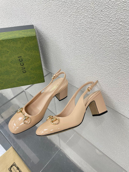 GG WOMEN'S HORSEBIT SLINGBACK 65MM IN TAN BEIGE CALFSKIN