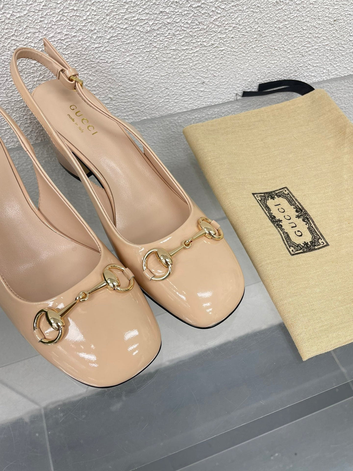 GG WOMEN'S HORSEBIT SLINGBACK 65MM IN TAN BEIGE CALFSKIN