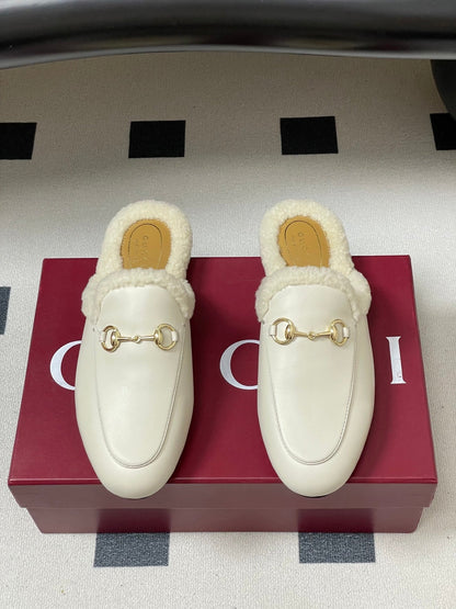 GG horsebit flat mules white cowhide 534712