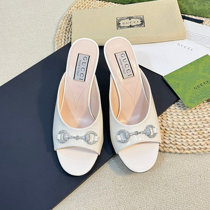 GG  Women's Horsebit mid-heel slide sandal in glossy White leather