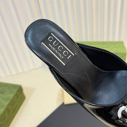 GG  Women's Horsebit mid-heel slide sandal in glossy black leather