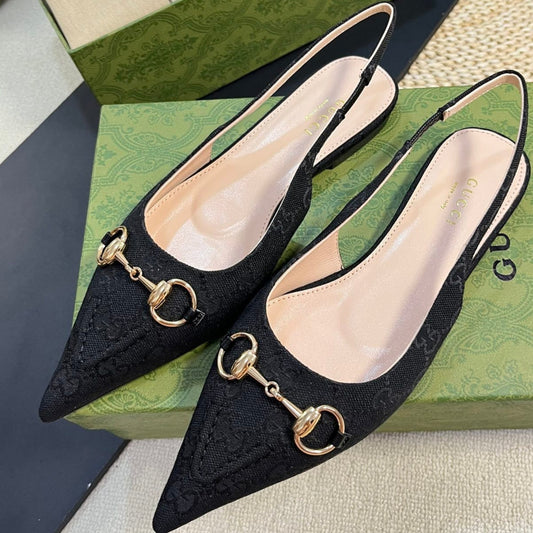 GC Horsebit Slingback Pump 10mm Black Canvas Sheepskin 294552