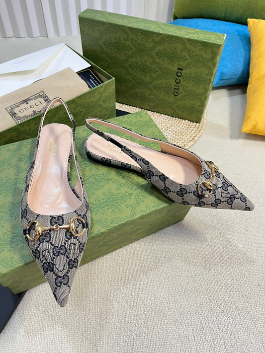 GC Horsebit Slingback Pump 10mm Beige mix Blue Canvas Sheepskin 294553