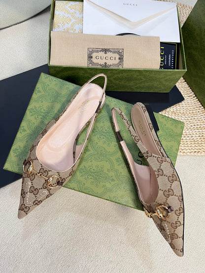 GC Horsebit Slingback Pump 10mm Beige mix Brown Canvas Sheepskin 294554