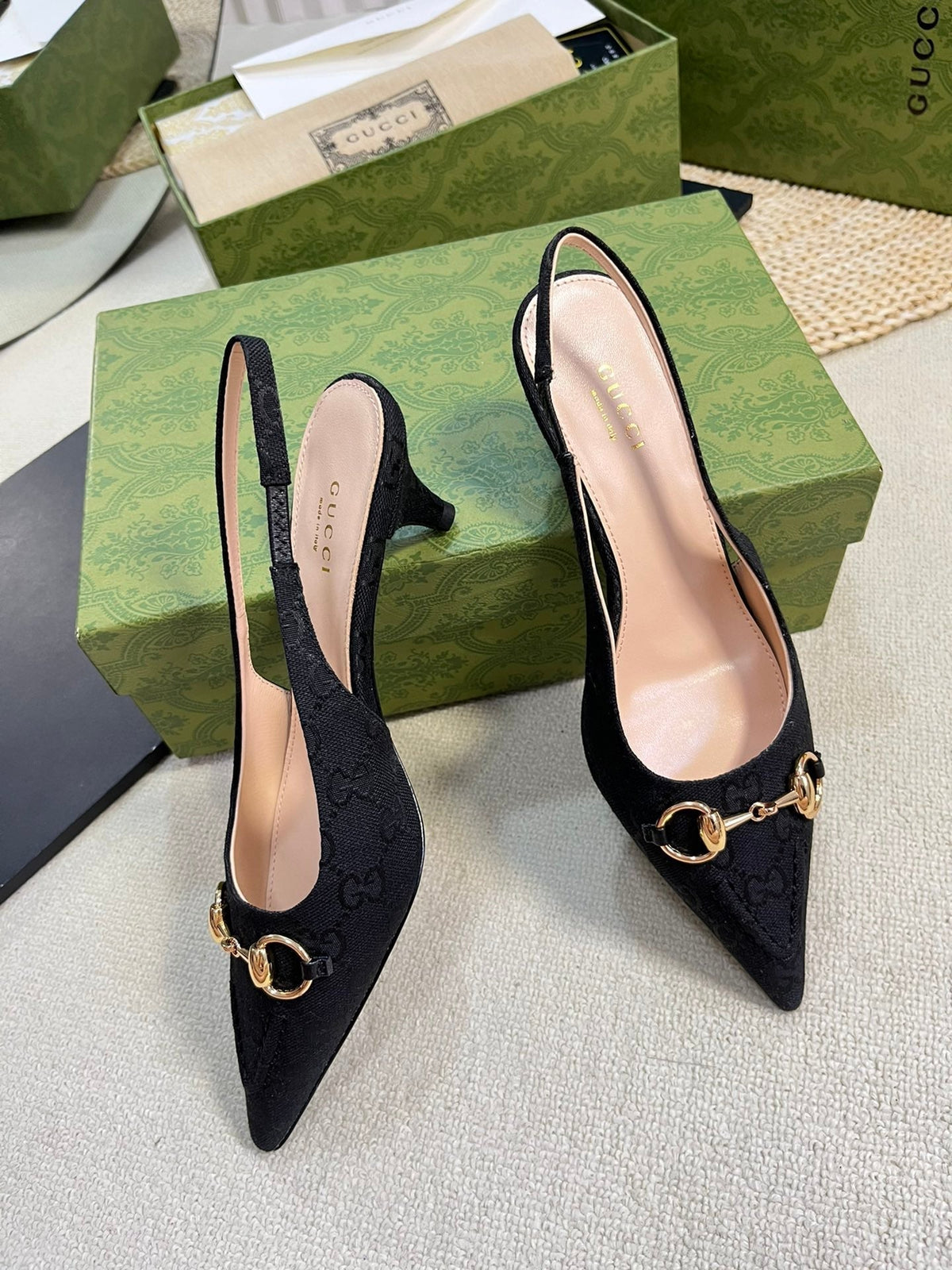 GC Horsebit Slingback Pump 50mm Black Canvas Sheepskin 294558