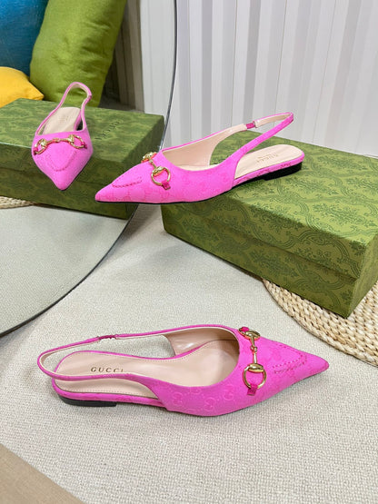 GC Horsebit Slingback Pump 10mm Pink Canvas Sheepskin 294543
