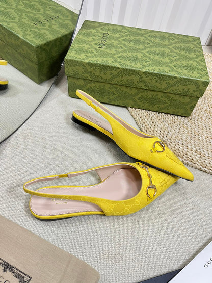 GC Horsebit Slingback Pump 10mm Yellow Canvas Sheepskin 294541