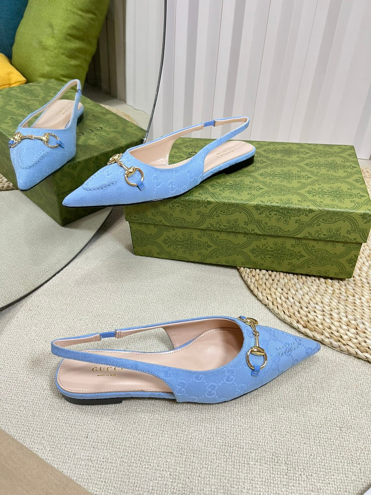 GC Horsebit Slingback Pump 10mm Blue Canvas Sheepskin 294542
