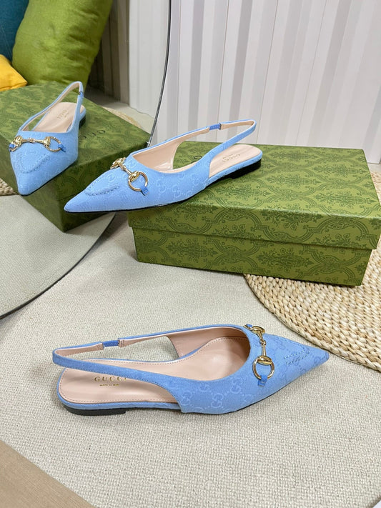 GC Horsebit Slingback Pump 10mm Blue Canvas Sheepskin 294542