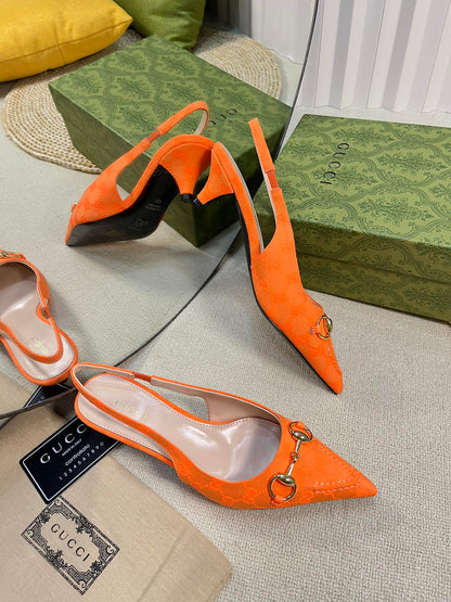 GC Horsebit Slingback Pump 50mm Orange Canvas Sheepskin 294544