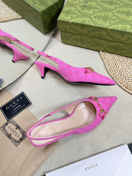 GC Horsebit Slingback Pump 50mm Pink Canvas Sheepskin 294547