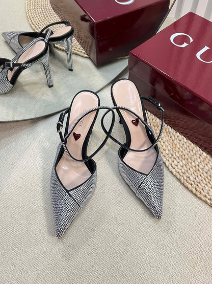 HIGH SLINGBACK 10 CM IN BLACK SILK WITH FULL RHINSTONES