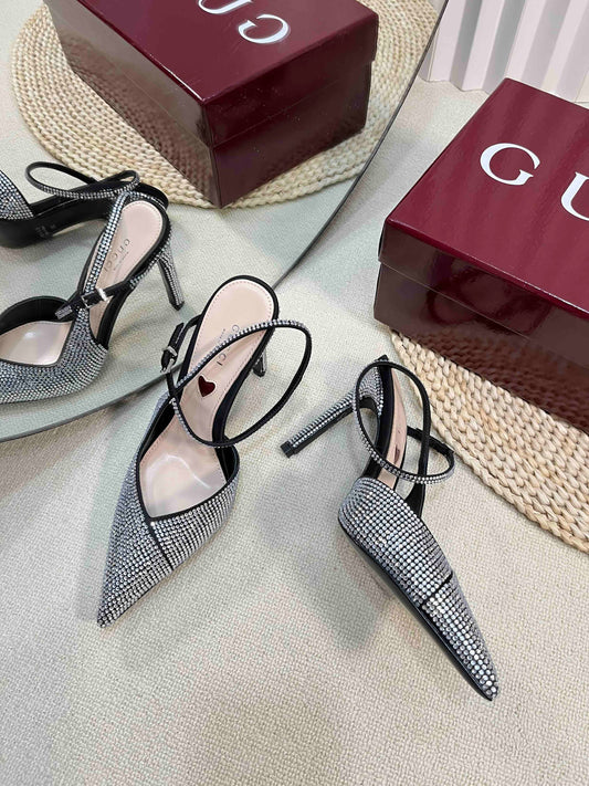 GC Crystal-Embellished Slingbacks Black Silk Sheepskin 294611