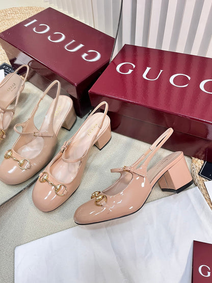 GC Horsebit Slingback 60mm Rose Beige Patent Leather 294588