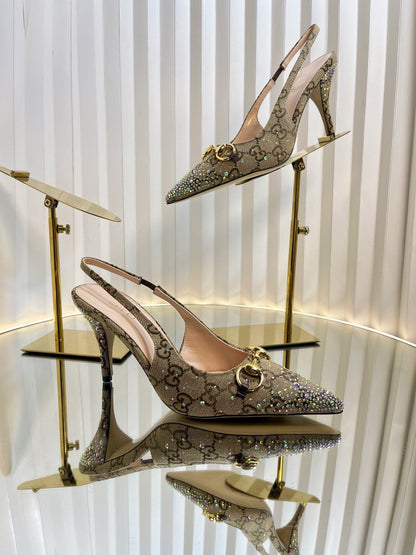 GC Crystal Horsebit Slingback 100mm Beige mix Ebony Canvas lambskin 294620