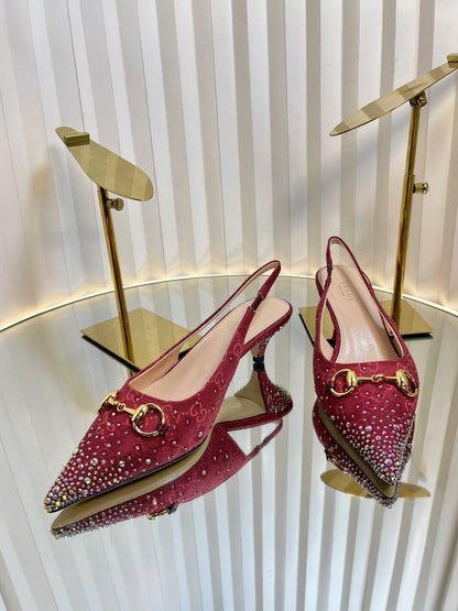 GC Crystal Horsebit Slingback 50mm Red Canvas lambskin 294615