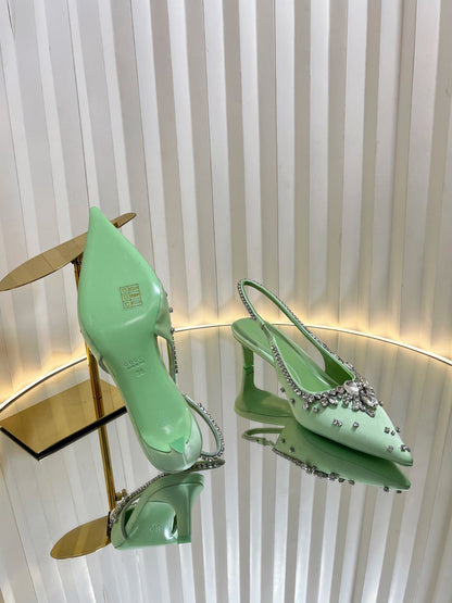 GC 2025 Crystal Embellished 55mm High Heels Slingbacks Green Silk Sheepskin 294528