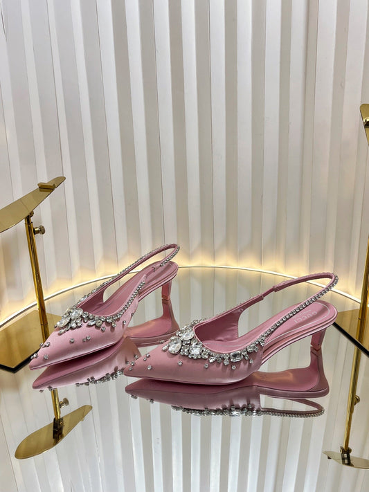 GC 2025 Crystal Embellished 55mm High Heels Slingbacks Pink Silk Sheepskin 294527