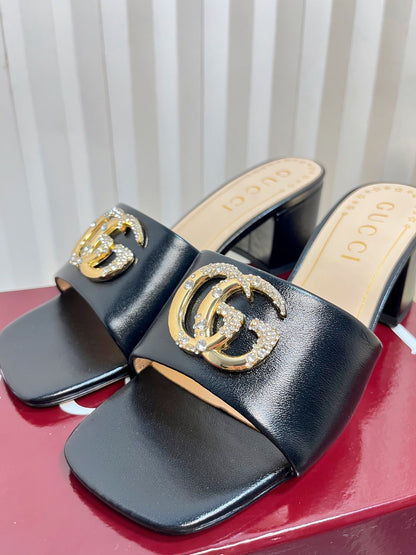 GC 25 Interlocking G Heeled Sandal Black Patent Leather 294642