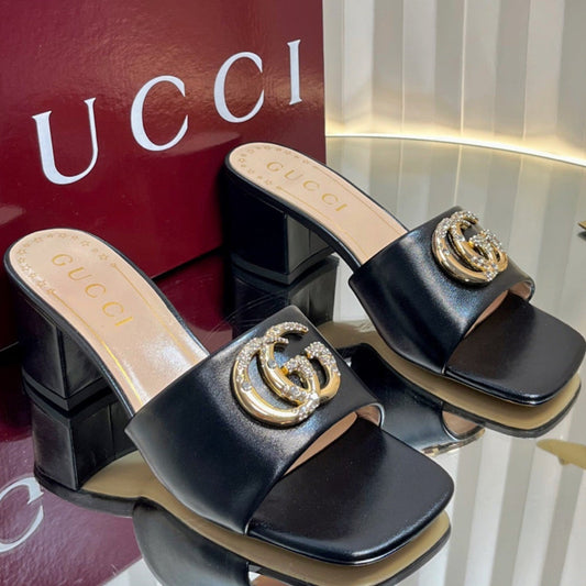 GC 25 Interlocking G Heeled Sandal Black Patent Leather 294642