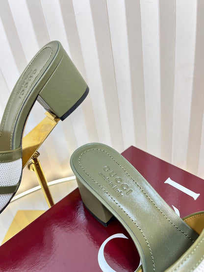 GC 25 Horsebit GG 50mm Sandals Dark Green Canvas Sheepskin 294667