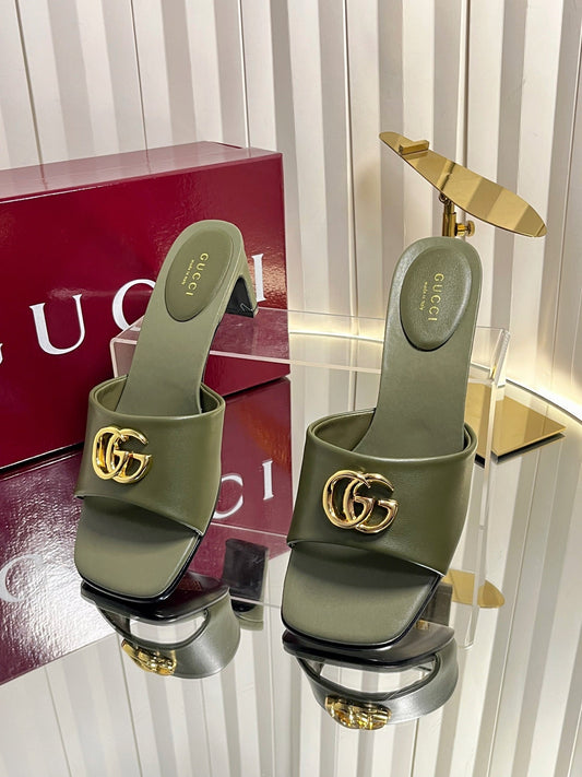 GG 26S Slippers 4.5cm Olive Green Leather 616459