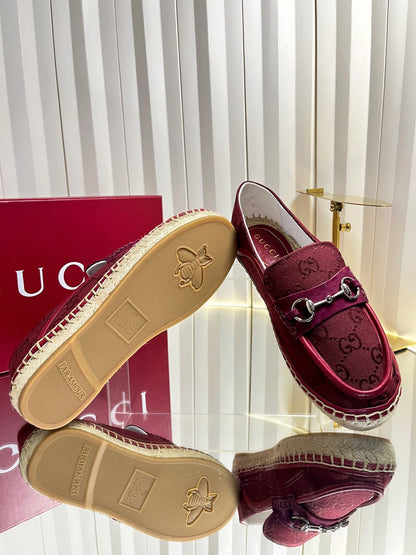 GG 26s Horsebit Espadrilles Flat Burgundy Canvas Suede 768177