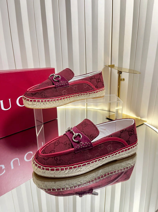 GG 26s Horsebit Espadrilles Flat Burgundy Canvas Suede 768177
