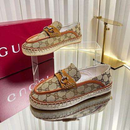 GG 26s Horsebit Espadrilles Flat Beige Brown Canvas Suede 768179