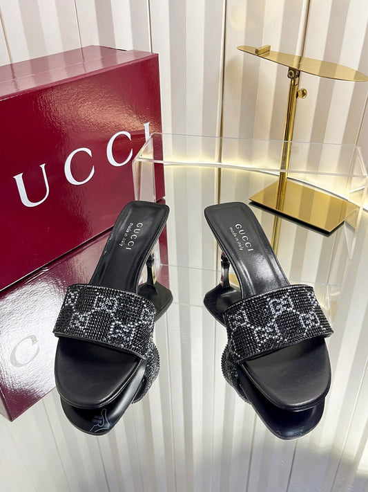 GG 26s Bombshell Crystal Sandal 5cm Black Mesh Leather 768159